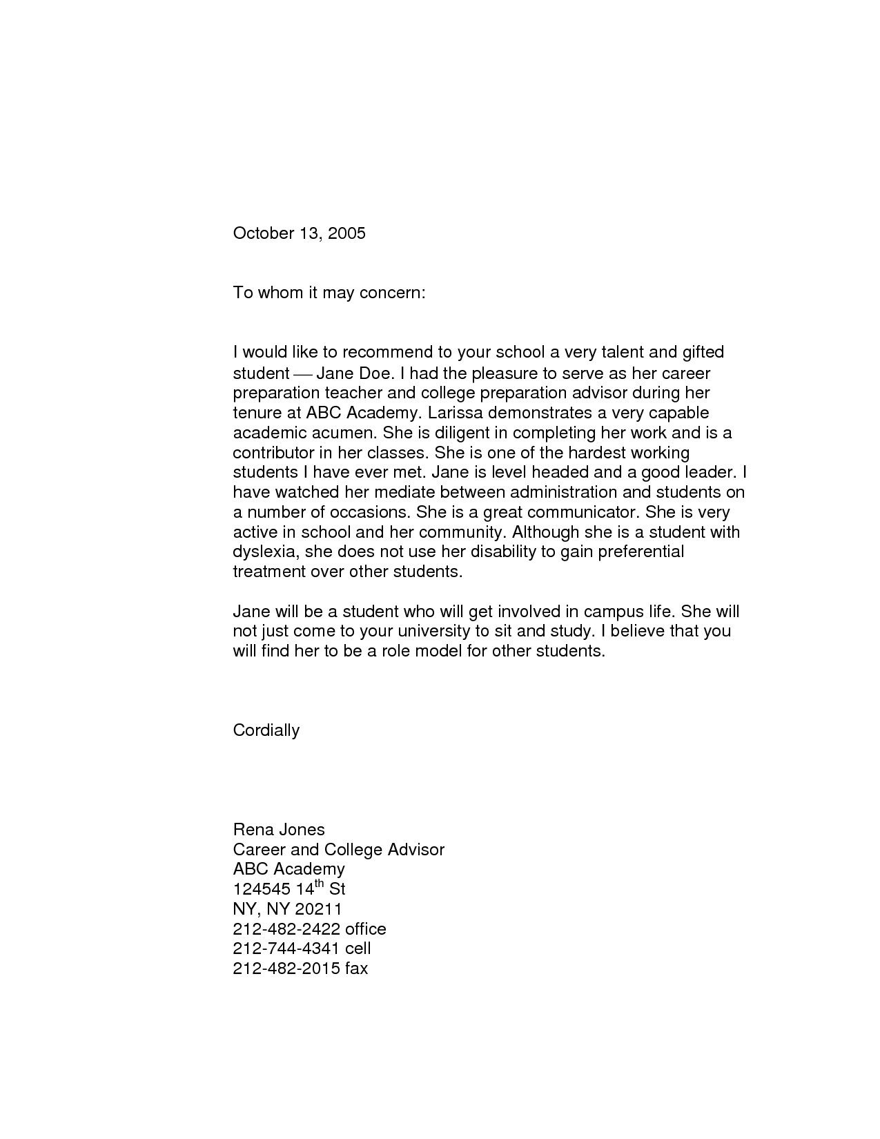 Sample College Recommendation Letter For Student from chinaschooling.com