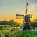 black and white wind mill in green field under yellow skies